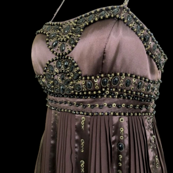 Sue Wong Brown Satin Beaded Slip Dress - Picture 3 of 10
